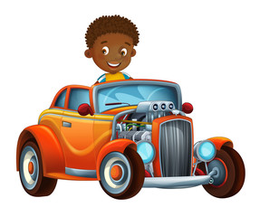 cartoon scene with child - boy in cool looking hod rod car on white background - illustration for children