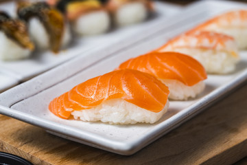 A plate of sushi on the board, Japanese food