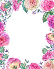 Watercolor vertical frame with english roses