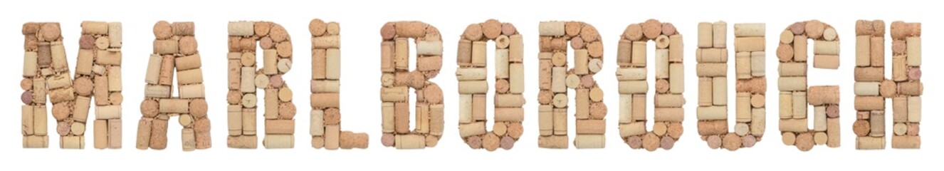 Wine region of New Zealand Marlborough  made of wine corks Isolated on white background