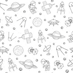 Vector seamless pattern with cosmonauts, satelites, rockets, planets, moon, falling stars and UFO contours. Cosmic background for education and science portals in sketchy style. Galactic trip theme. - 197189419