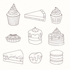 Hand drawn vector pastry set with cakes, pies, tarts, muffins and eclairs covered with topping. Sweets contours in sketchy style on the dotted background. - 197189438