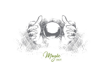 Magic concept. Hand drawn magic trick with hands and ball. Hands of illusionist doing miracle isolated vector illustration.