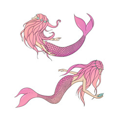 Set of pink vector mermaids. Mythical sea creatures isolated on the white background.
