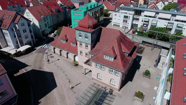Aerial Drone Footage View:  Flying Around Nice Old Town Hall In The City in Sun Soft Light. Shot in Gerlingen close to Stuttgart, Germany. Beautiful City. in 4k!