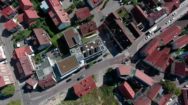 Aerial Drone Footage View:  Flying over the City in sun soft light. Fly out in Gerlingen next to Stuttgart, Germany. Beautiful City. in 4k! 