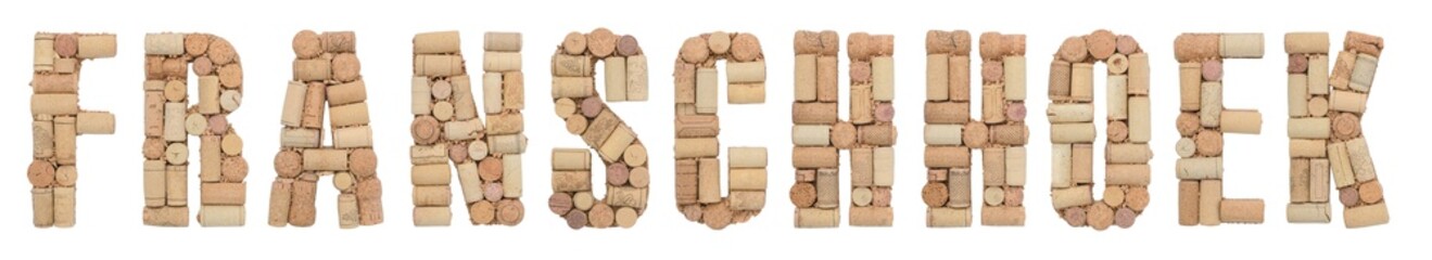 Wine region of South Africa Franschhoek made  of wine corks Isolated on white background
