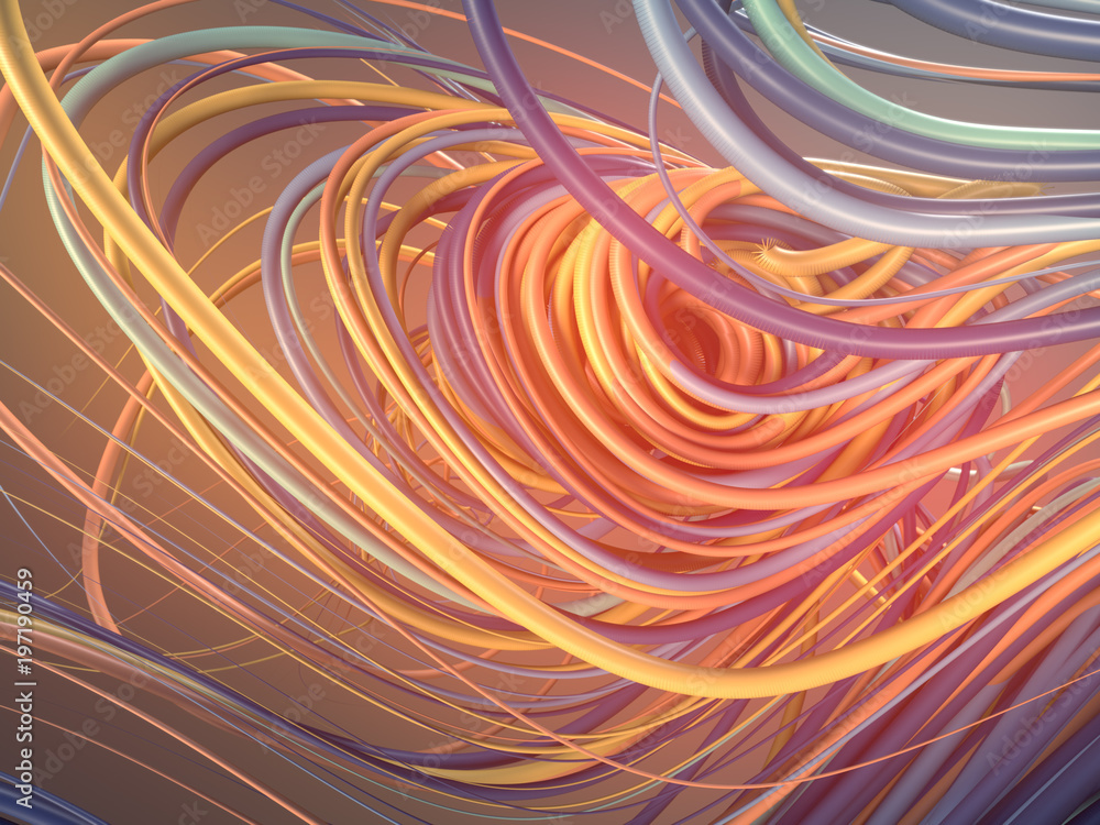 Poster Interlacing abstract red and orange curves. 3D rendering