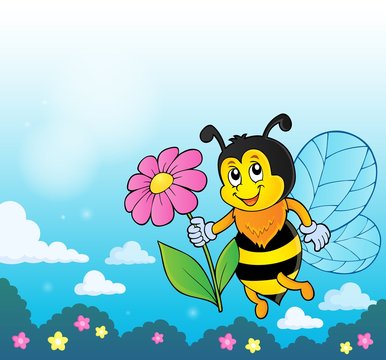 Happy bee holding flower theme 4