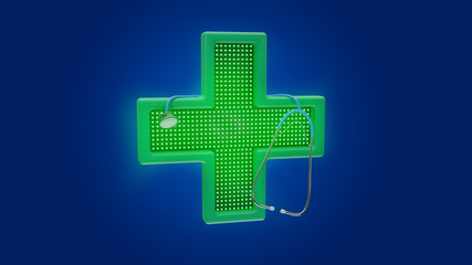 Lighting pharmacy cross and a stethoscope - 3d render