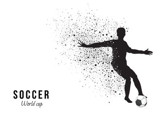 Football player trying to kick soccer ball on abstract background.