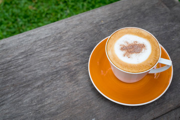 Cappuccino coffee in white cup on wooden table in garden