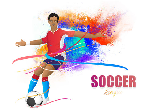 Soccer league concept with footballer kicking soccer ball on colorful abstract background.