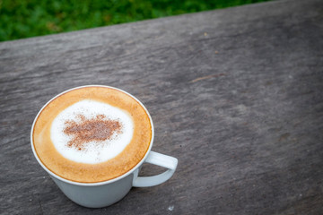 Cappuccino coffee in white cup on wooden table in garden