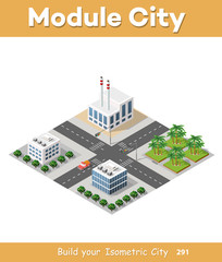 Set of isometric factories and plants street road traffic cars. Infrastructure urban economy.