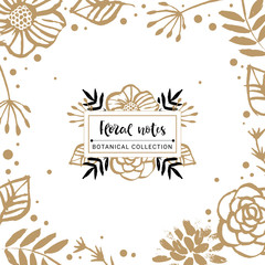 Flower logo template. Floral frame. Flowers, branches, and leaves. Hand drawn design elements. Nature vector illustration.