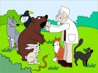 Veterinarian treats animals in the forest vector illustration