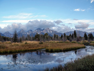 Fototapeta na wymiar View of cloudy Grand Teton Mountains