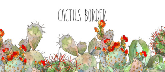 Watercolor border botanical illustration cactus, isolated object, tropics - 197195227