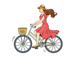 Young woman ride on bicycle pop art vector