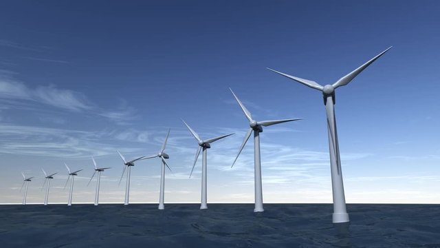 Some Offshore Wind Power systems with quiet sea and a blue sky