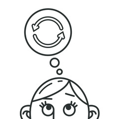 black and white line art cartoon illustration of a thought of renewal upload and update
