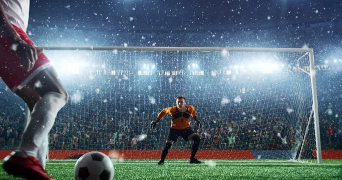 Soccer goalkeeper jumps and catches ball on a professional soccer stadium. Stadium and crowd is made in 3D and animated