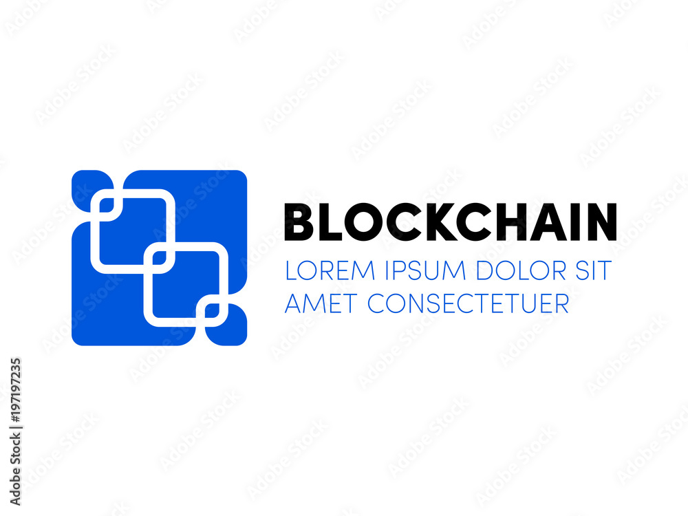 Poster blockchain logo. vector chained block in to blue square icon. blockchain security logo concept for c