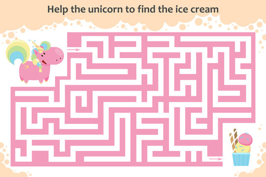 Fototapeta Vector maze game. Help the unicorn to find the ice cream. Children educational game