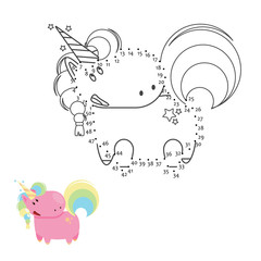 Educational game for kids: Dot to Dot. Connect the dots puzzle. Worksheet for class or at home with the kids. Draw Unicorn