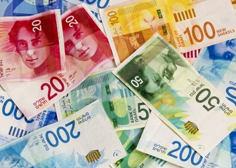 Israeli New Sheqel banknotes and coins on Grey background.Copy S