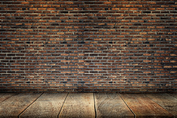 room interior vintage with brick wall and wood floor background