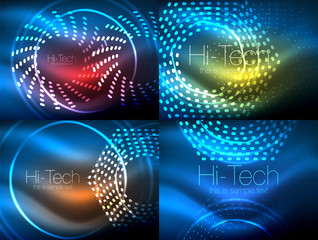 Obraz premium Set of glowing neon techno shapes, abstract background collection. Vector futuristic magic space wallpapers