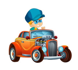 cartoon scene with child - boy in cool looking hod rod car on white background - illustration for children