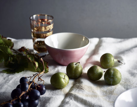 table , fruits et nappe en lin 