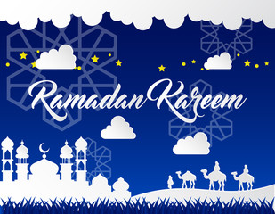 beautiful ramadan kareem background with paper art style on blue background