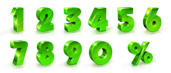 Green shiny numbers and percent sign set. 3d styled illustration