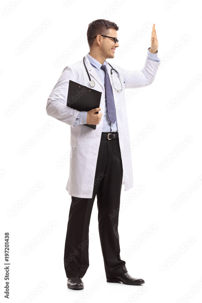 Poster Doctor with a clipboard making a high-five gesture