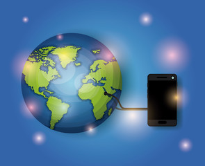 world planet with smartphone connection vector illustration design