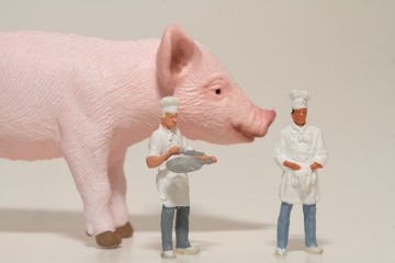 cuochi in miniatura con maiale gigante