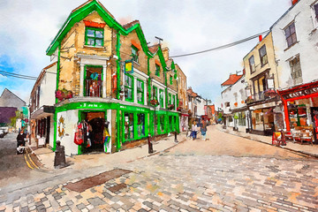 Fototapeta na wymiar tourists in the old town of Canterbury, watercolor 