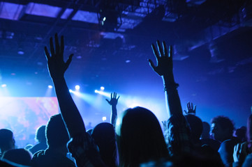 hands of fans raised up, during a concert, show or performance