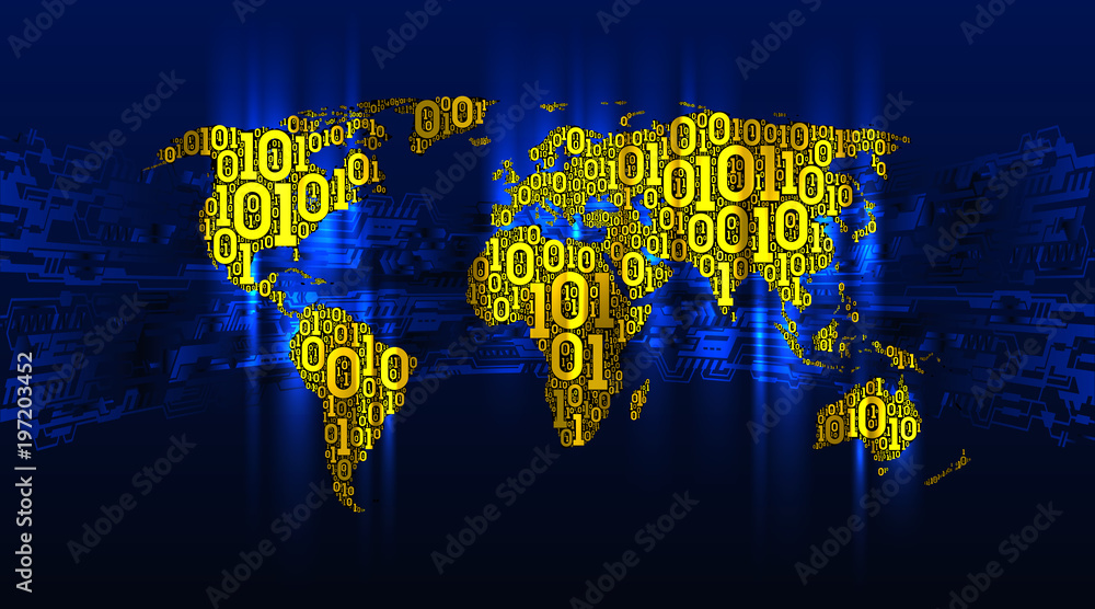 Poster Abstract map world with continents from digital binary code on the background abstract printed circuit board, concept of digital technology, Internet of things, big data, well-organized layers