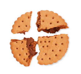 Chocolate biscuit,broken into two parts, isolated on white background