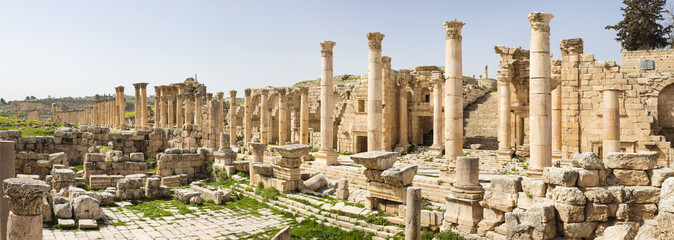 panorama of street with old columns in roman empire time in Jordan
