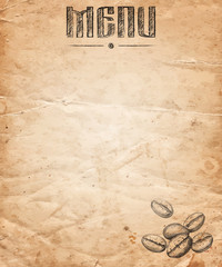 Menu of restaurant with hand drawn coffee beans on the old paper background
