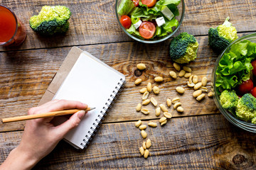 concept diet, slimming plan with vegetables top view mock up