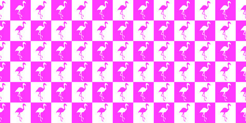 Silhouette of a flamingo geometric seamless pattern. Silhouette of flamingos in pink and white squares