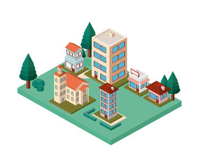 mini trees and buildings neighborhood isometric vector illustration design
