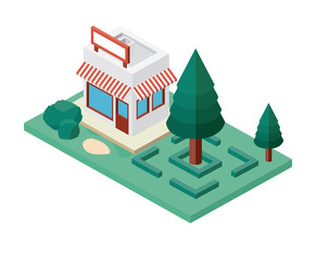 mini tree and store building isometric vector illustration design